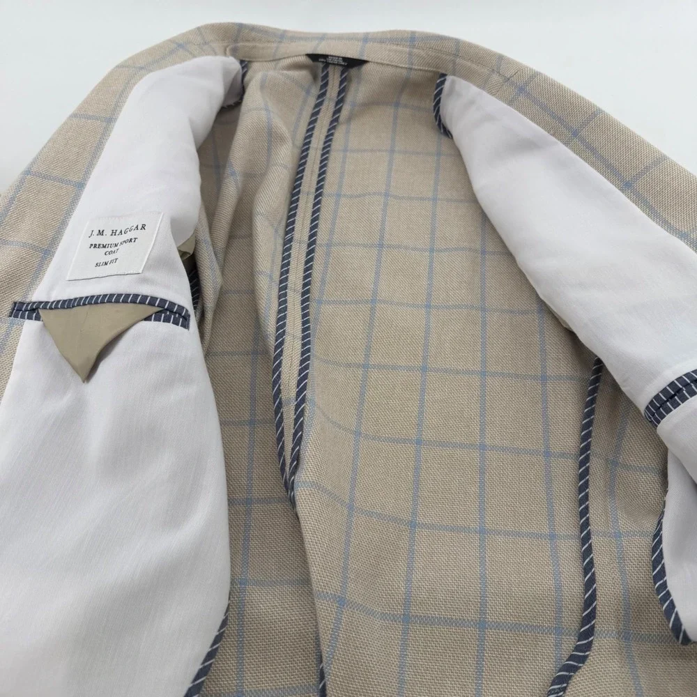 J.M. Haggar Sport Coat Mens 42S Tan Blue Windowpane Check Slim Fit Cotton Blazer